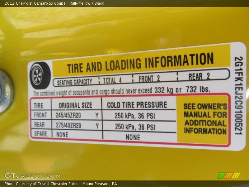 Info Tag of 2012 Camaro SS Coupe