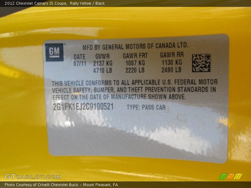 Info Tag of 2012 Camaro SS Coupe