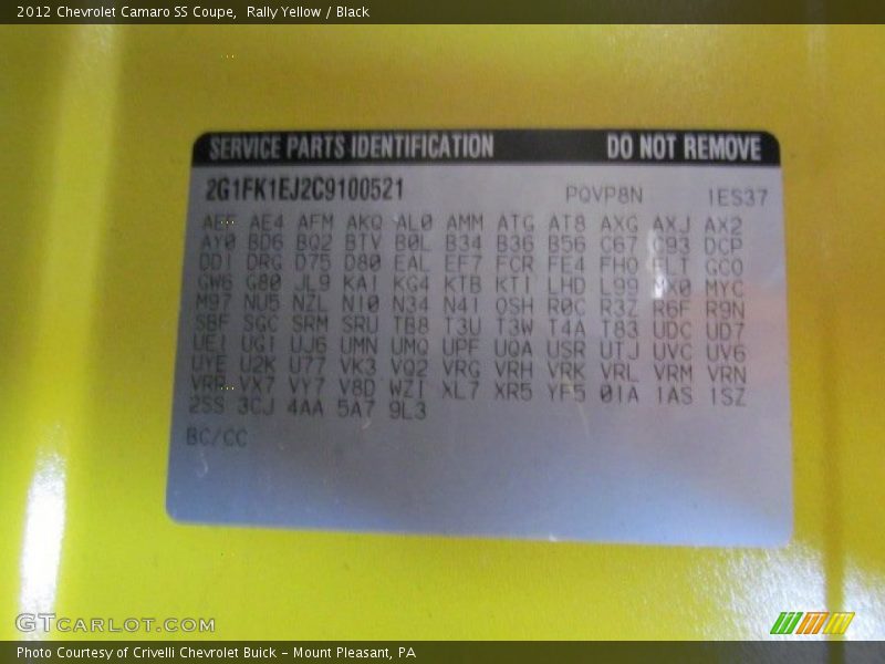 Info Tag of 2012 Camaro SS Coupe