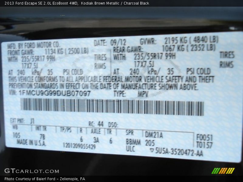 2013 Escape SE 2.0L EcoBoost 4WD Kodiak Brown Metallic Color Code J1