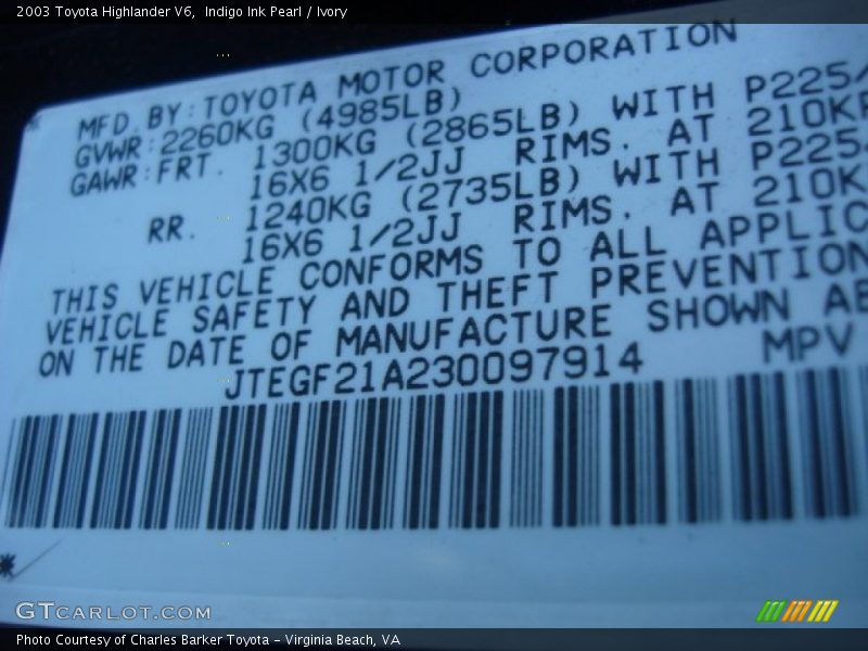 Indigo Ink Pearl / Ivory 2003 Toyota Highlander V6