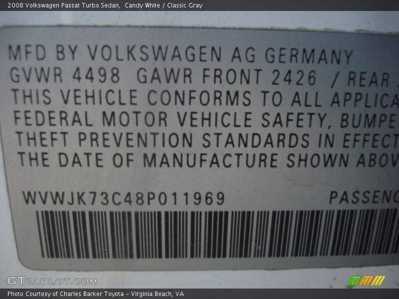 Candy White / Classic Gray 2008 Volkswagen Passat Turbo Sedan