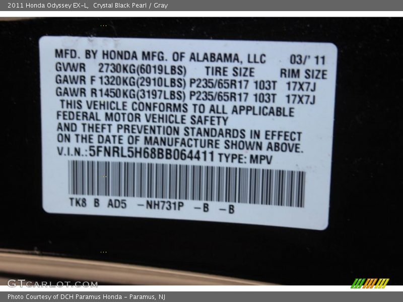 Crystal Black Pearl / Gray 2011 Honda Odyssey EX-L