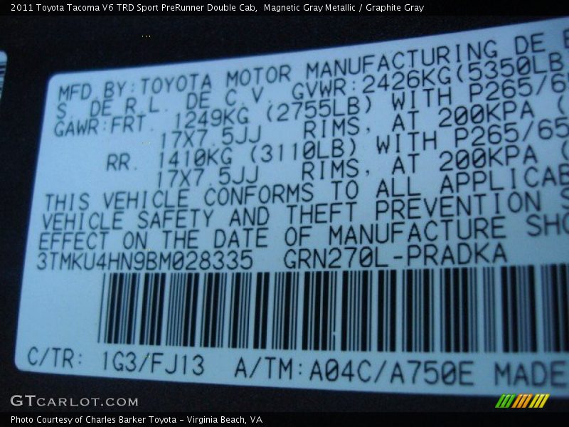 Magnetic Gray Metallic / Graphite Gray 2011 Toyota Tacoma V6 TRD Sport PreRunner Double Cab