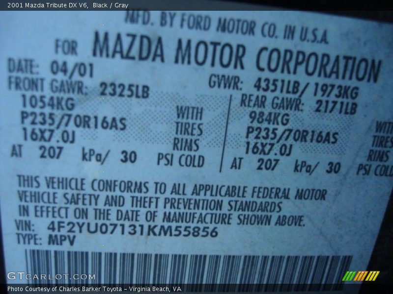 Black / Gray 2001 Mazda Tribute DX V6