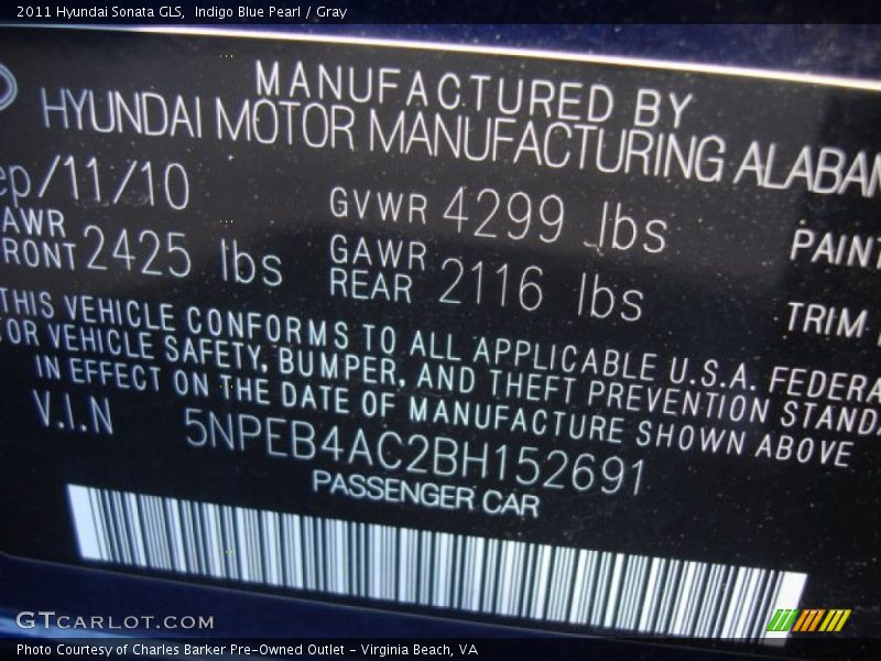 Indigo Blue Pearl / Gray 2011 Hyundai Sonata GLS