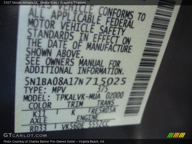 Smoke Gray / Graphite/Titanium 2007 Nissan Armada LE