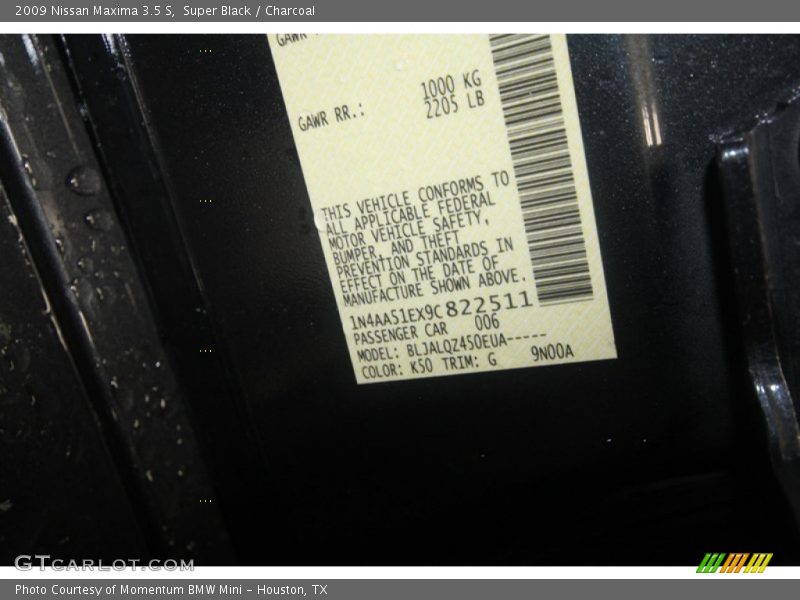 Super Black / Charcoal 2009 Nissan Maxima 3.5 S