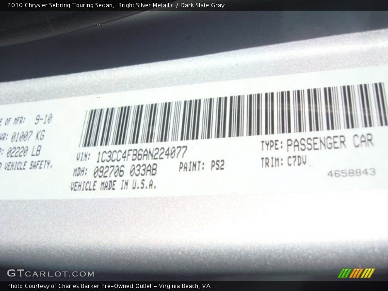 Bright Silver Metallic / Dark Slate Gray 2010 Chrysler Sebring Touring Sedan