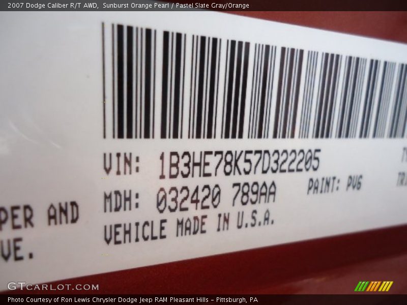 2007 Caliber R/T AWD Sunburst Orange Pearl Color Code PV6