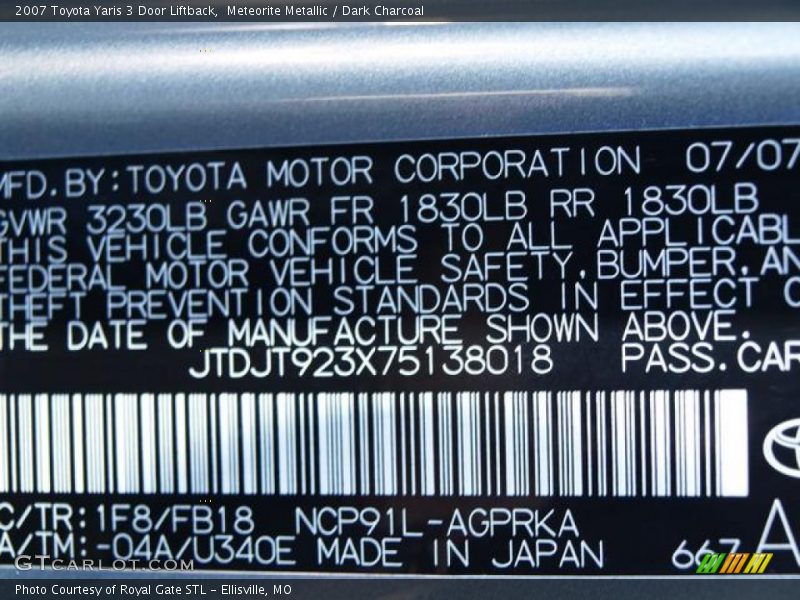 2007 Yaris 3 Door Liftback Meteorite Metallic Color Code 1F8