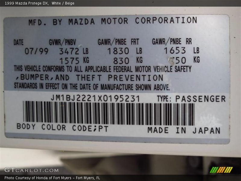 1999 Protege DX White Color Code PT