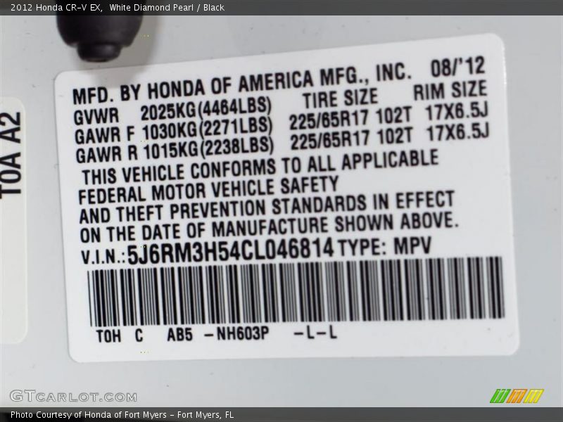 White Diamond Pearl / Black 2012 Honda CR-V EX