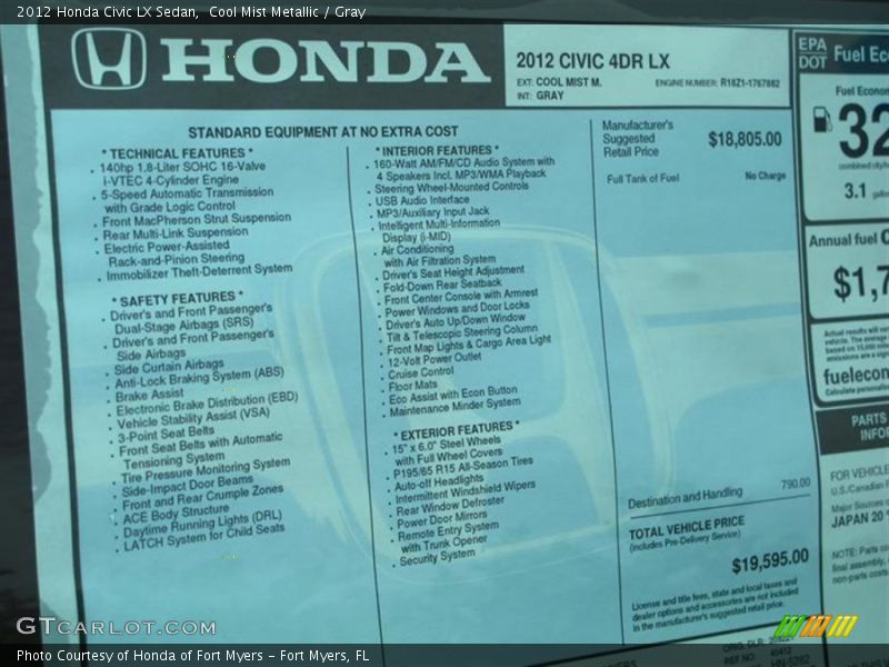 Cool Mist Metallic / Gray 2012 Honda Civic LX Sedan