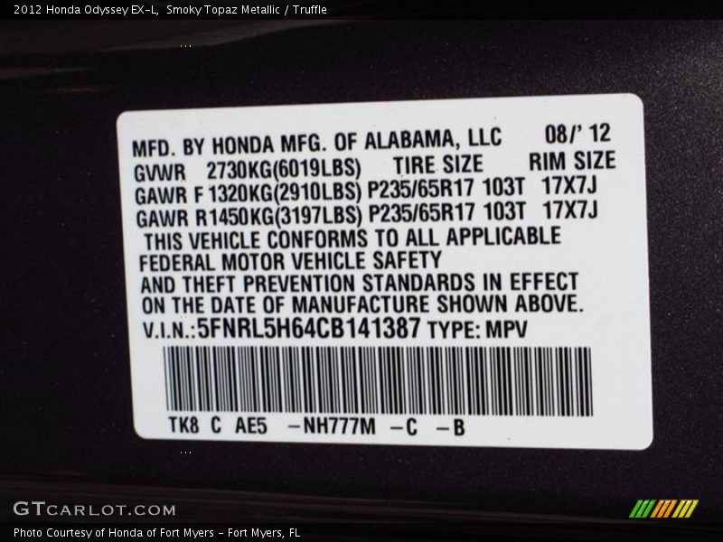 Smoky Topaz Metallic / Truffle 2012 Honda Odyssey EX-L
