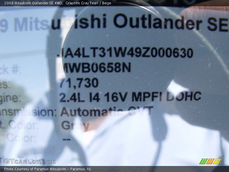 Graphite Gray Pearl / Beige 2009 Mitsubishi Outlander SE 4WD