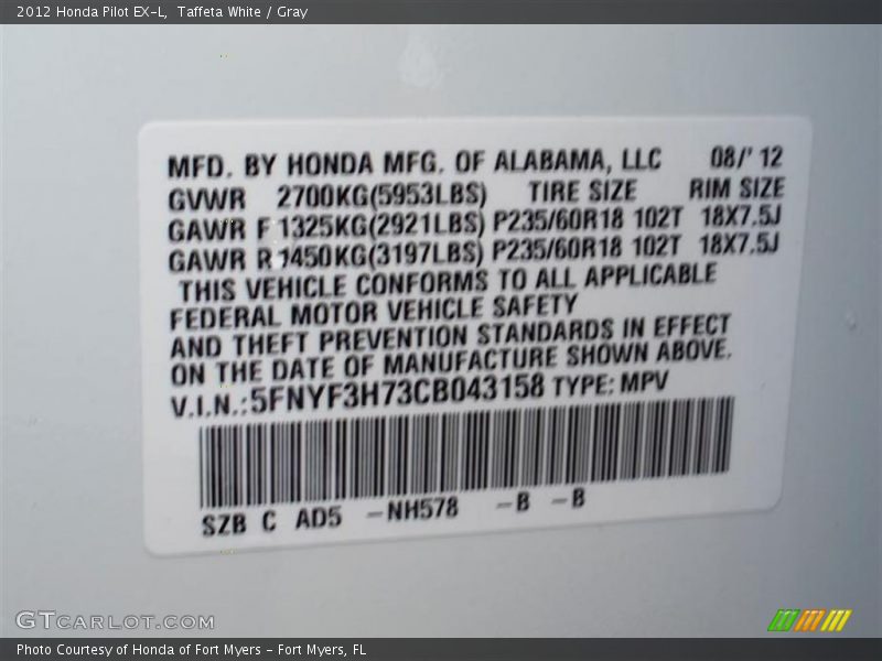 Taffeta White / Gray 2012 Honda Pilot EX-L