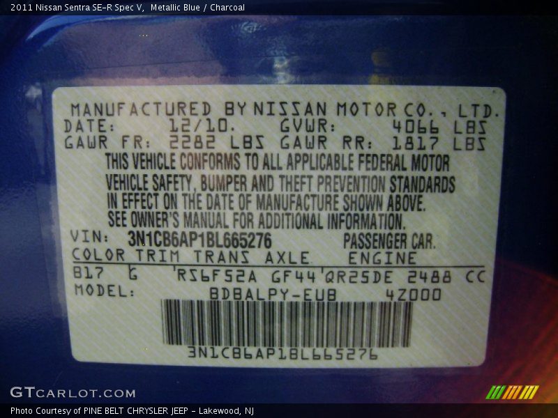 2011 Sentra SE-R Spec V Metallic Blue Color Code B17