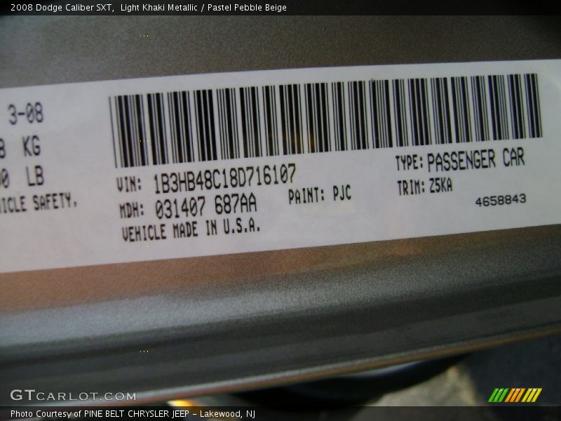2008 Caliber SXT Light Khaki Metallic Color Code PJC