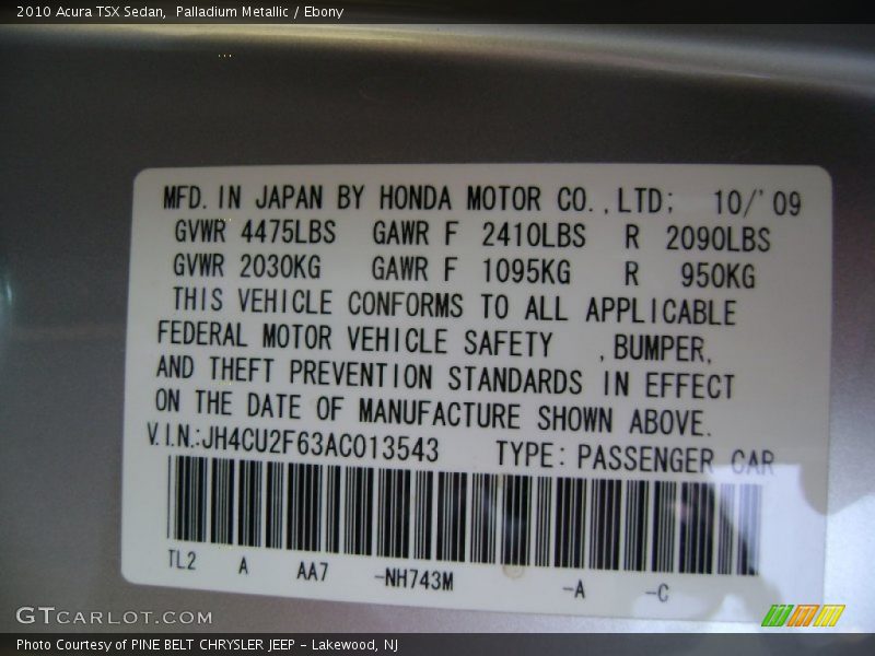 Palladium Metallic / Ebony 2010 Acura TSX Sedan