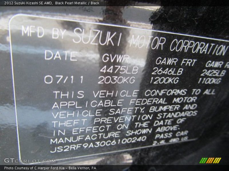 Black Pearl Metallic / Black 2012 Suzuki Kizashi SE AWD