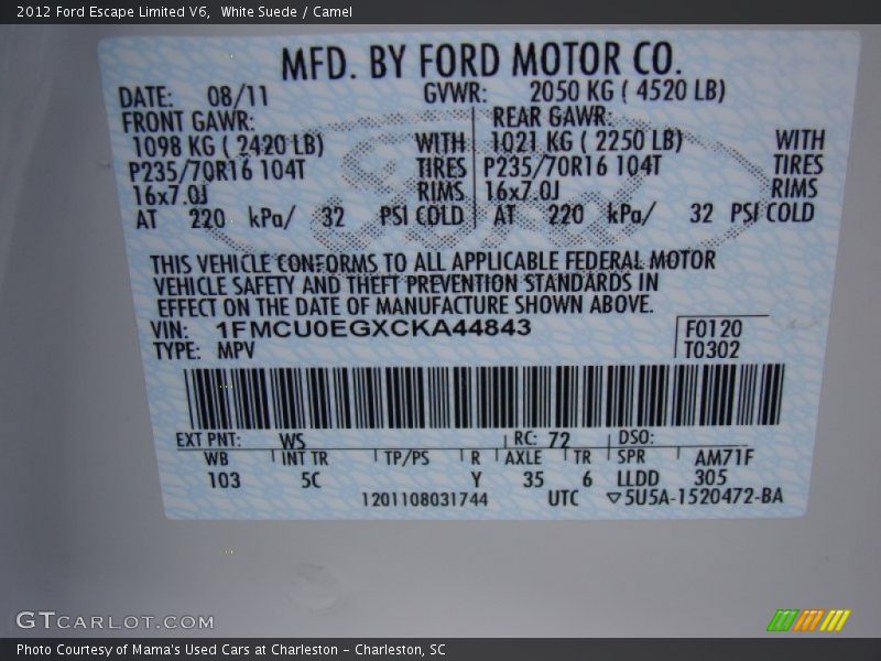 White Suede / Camel 2012 Ford Escape Limited V6