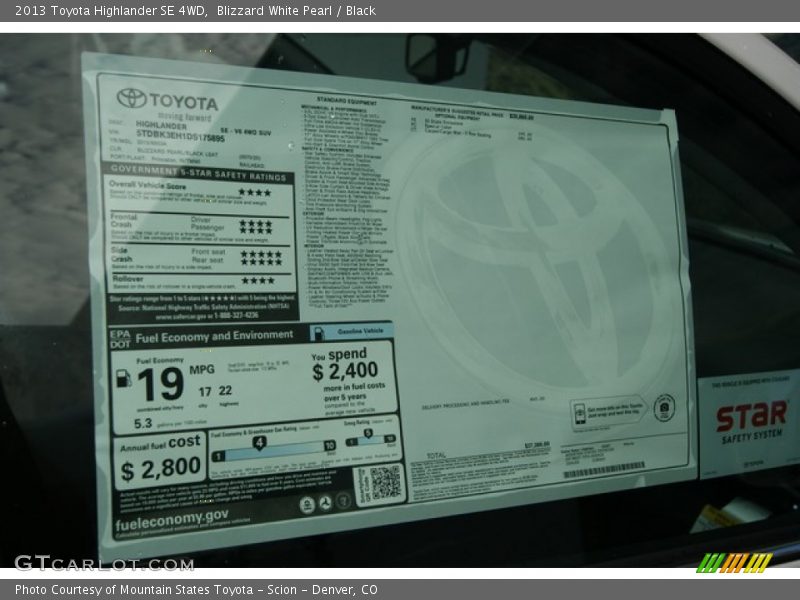  2013 Highlander SE 4WD Window Sticker