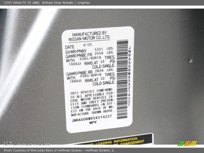 Brilliant Silver Metallic / Graphite 2005 Infiniti FX 35 AWD