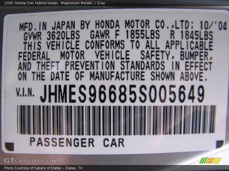 Magnesium Metallic / Gray 2005 Honda Civic Hybrid Sedan