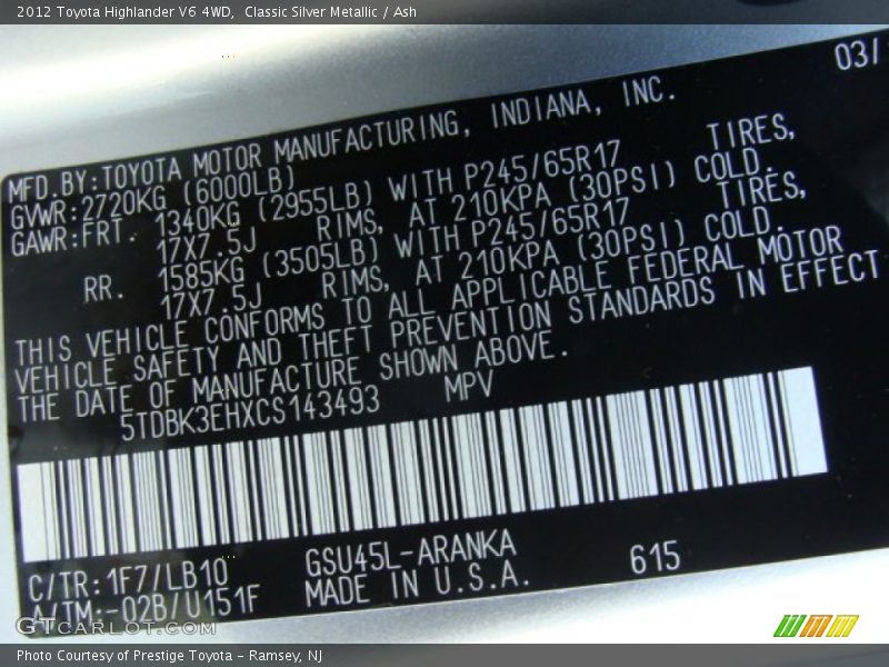 Classic Silver Metallic / Ash 2012 Toyota Highlander V6 4WD