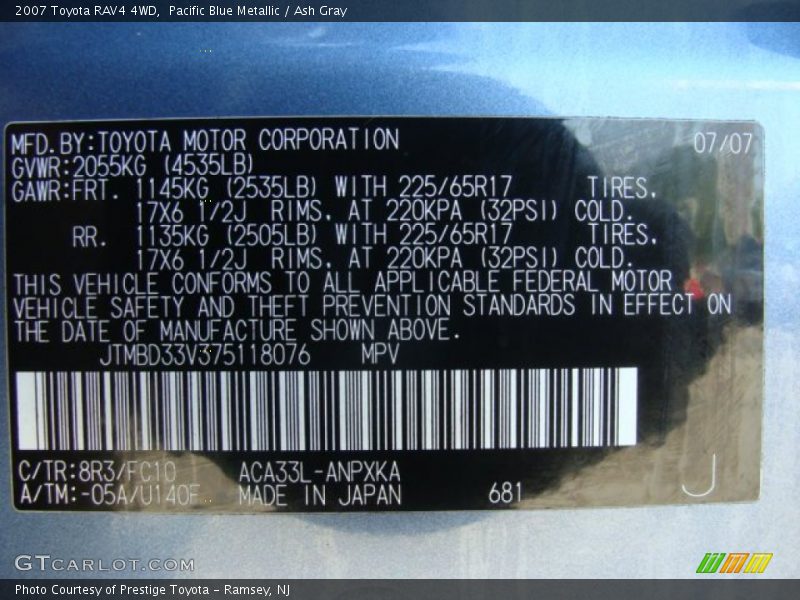 Pacific Blue Metallic / Ash Gray 2007 Toyota RAV4 4WD