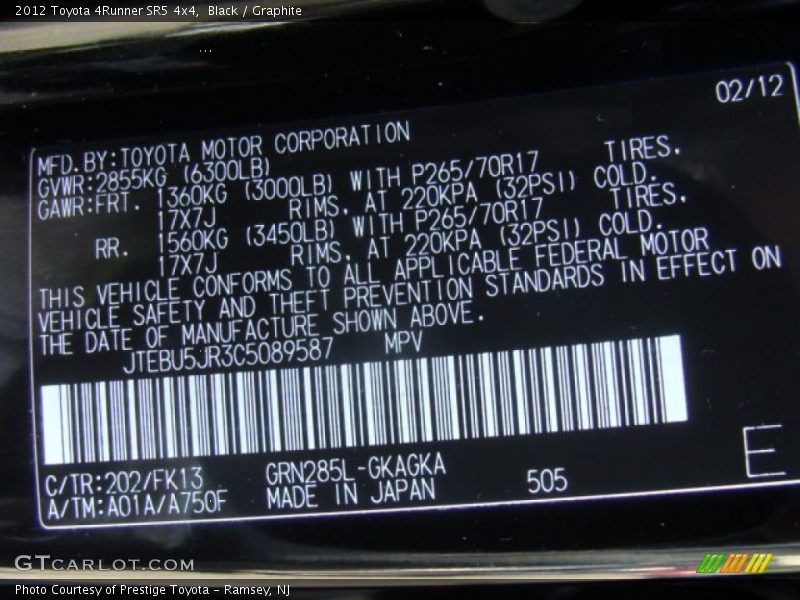 Black / Graphite 2012 Toyota 4Runner SR5 4x4