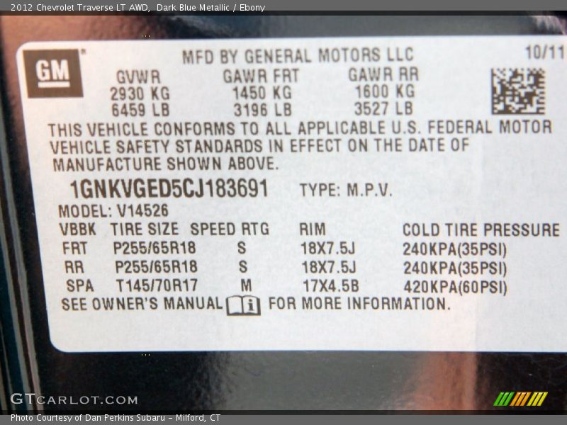 Dark Blue Metallic / Ebony 2012 Chevrolet Traverse LT AWD