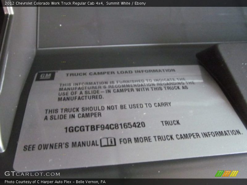 Info Tag of 2012 Colorado Work Truck Regular Cab 4x4
