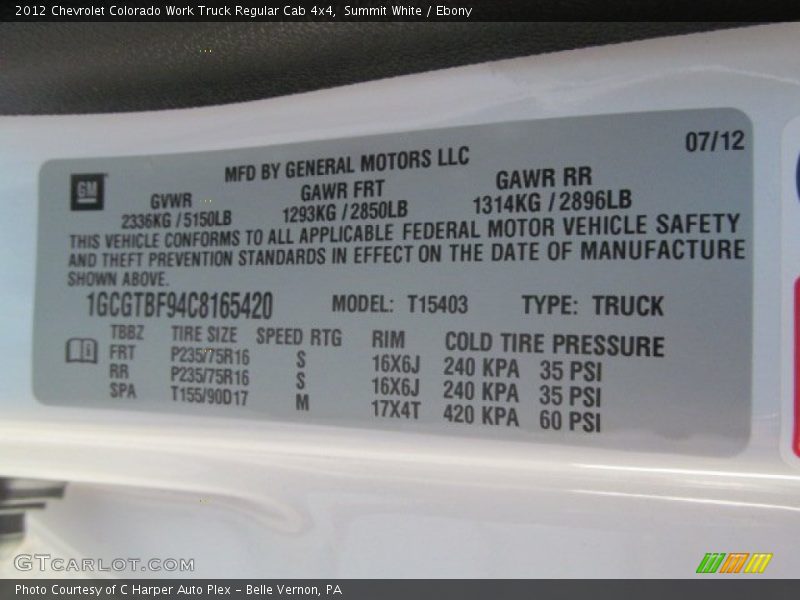 Info Tag of 2012 Colorado Work Truck Regular Cab 4x4