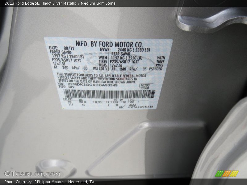 Ingot Silver Metallic / Medium Light Stone 2013 Ford Edge SE