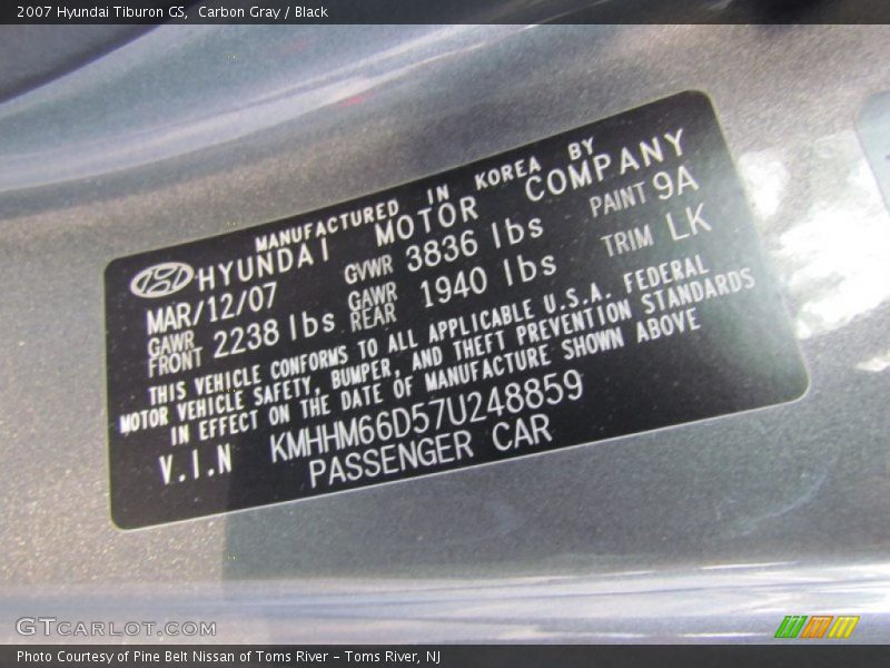 2007 Tiburon GS Carbon Gray Color Code 9A