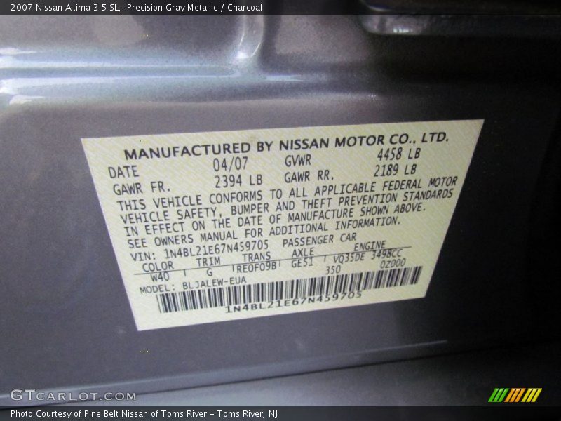 Precision Gray Metallic / Charcoal 2007 Nissan Altima 3.5 SL