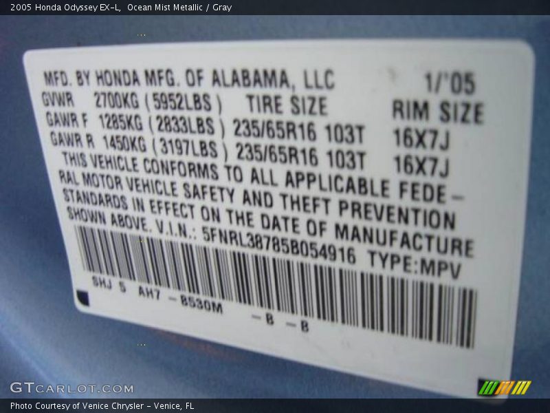 Ocean Mist Metallic / Gray 2005 Honda Odyssey EX-L