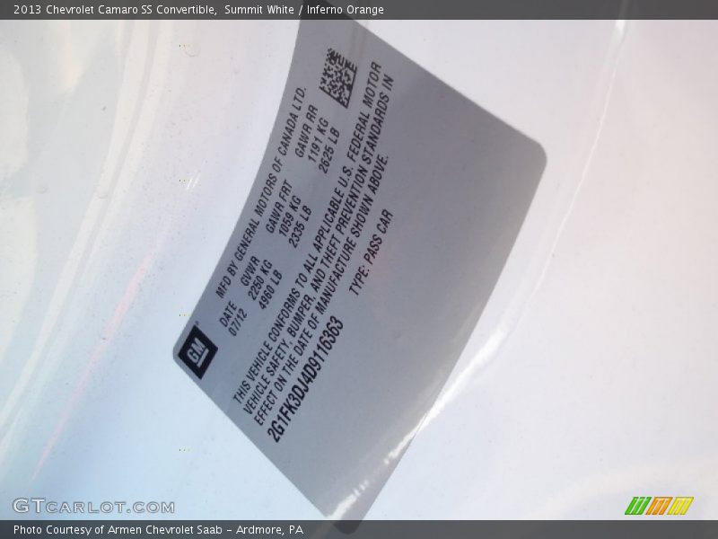 Summit White / Inferno Orange 2013 Chevrolet Camaro SS Convertible