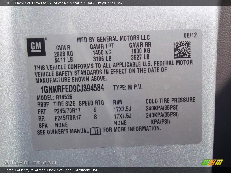 Silver Ice Metallic / Dark Gray/Light Gray 2012 Chevrolet Traverse LS