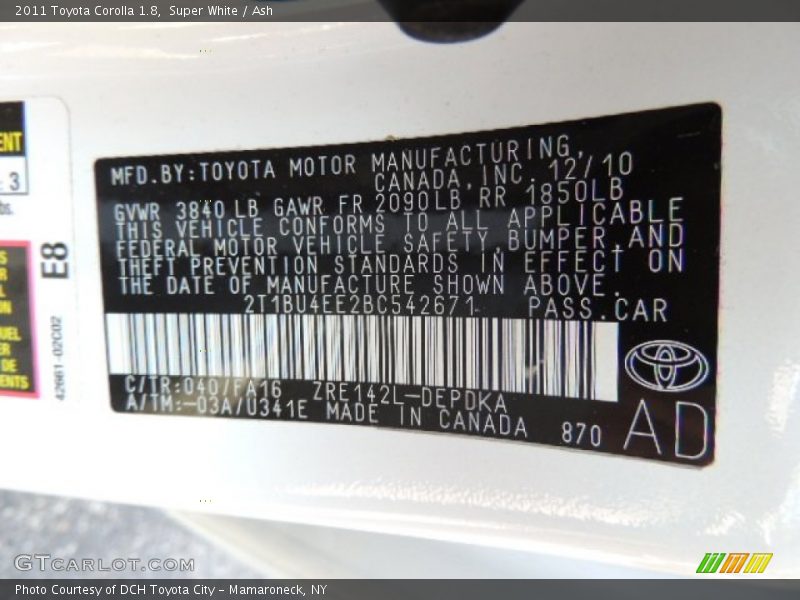 Super White / Ash 2011 Toyota Corolla 1.8
