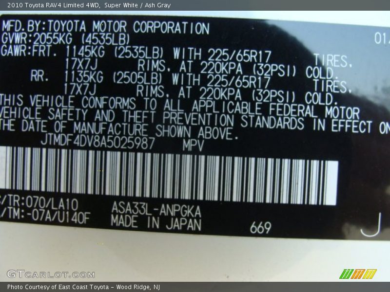 Super White / Ash Gray 2010 Toyota RAV4 Limited 4WD