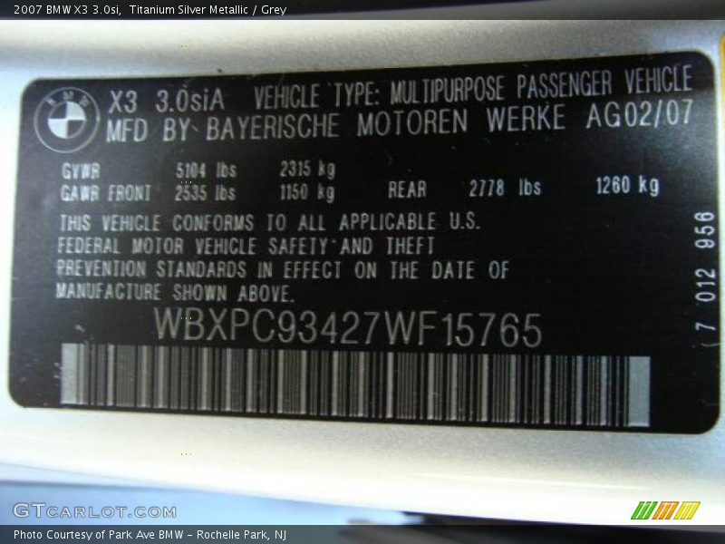 Titanium Silver Metallic / Grey 2007 BMW X3 3.0si