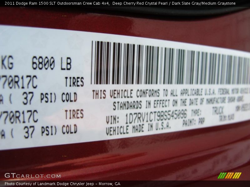 2011 Ram 1500 SLT Outdoorsman Crew Cab 4x4 Deep Cherry Red Crystal Pearl Color Code PRP