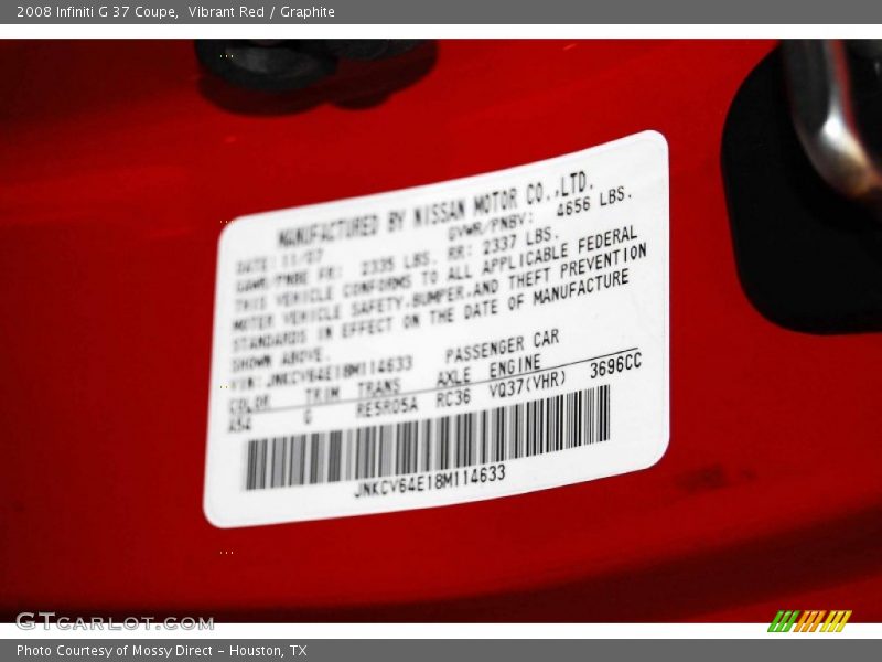 Vibrant Red / Graphite 2008 Infiniti G 37 Coupe