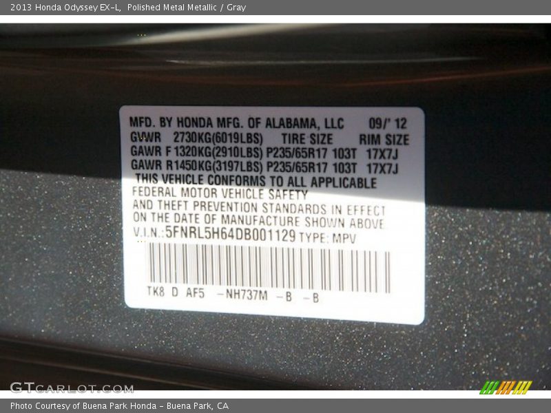 2013 Odyssey EX-L Polished Metal Metallic Color Code NH737M