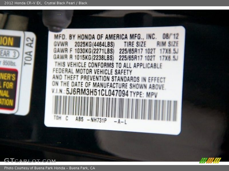Crystal Black Pearl / Black 2012 Honda CR-V EX
