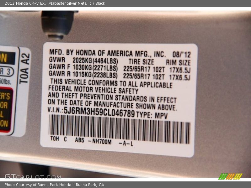Alabaster Silver Metallic / Black 2012 Honda CR-V EX