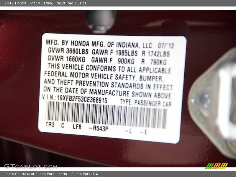 Rallye Red / Beige 2012 Honda Civic LX Sedan